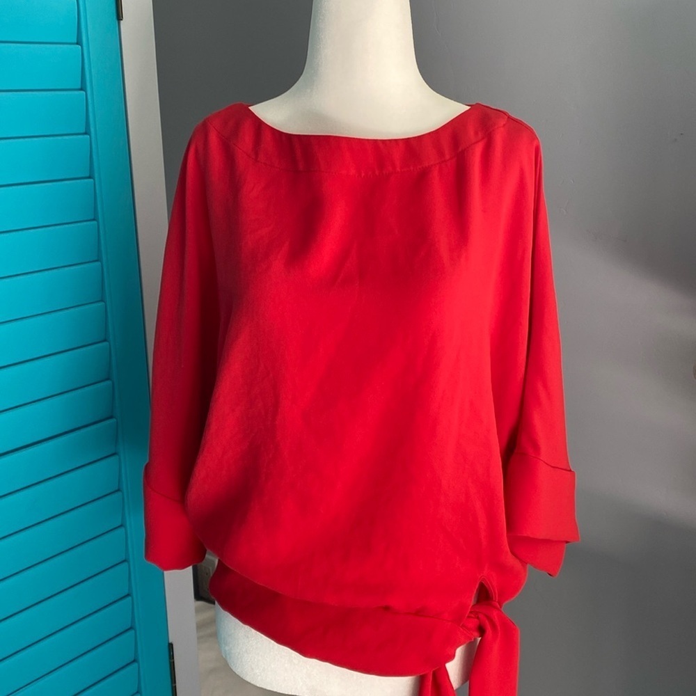Trina Turk Womens Blouse 3/4 Sleeves Boat Neck Tie Waist Casual Red Size XS